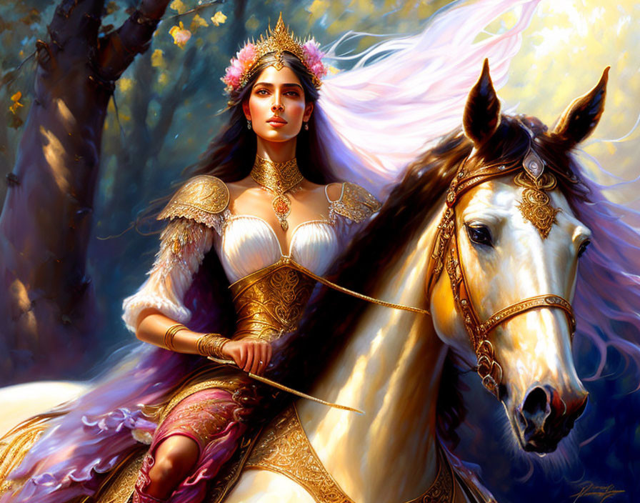 Illustrated woman on white horse in golden armor and floral crown in vibrant forest