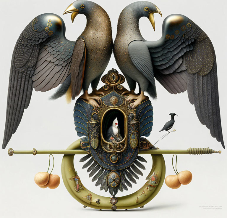 Surreal artwork: Mirrored stately birds, intricate designs, mouse, balance scale.