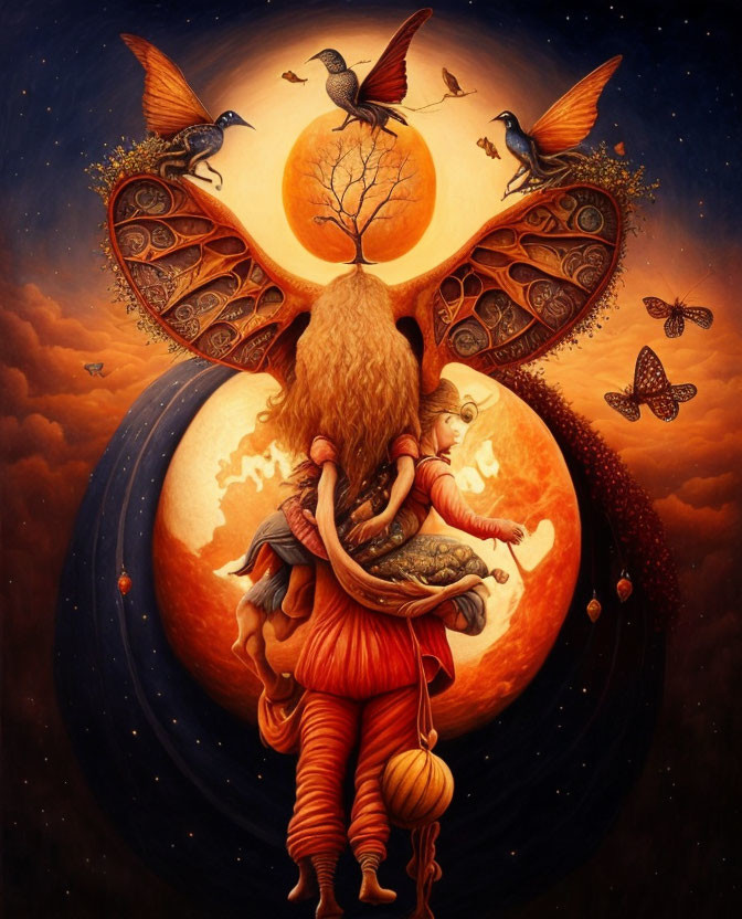 Illustration of fairy creature embracing child under full moon