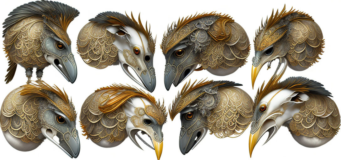 Eight ornate bird masks with metallic finishes and elaborate feather details