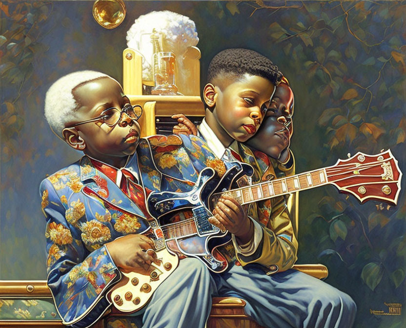 Artwork: Two Young Boys in Suits with Guitar and Banjo on Bench with Fireflies Jar