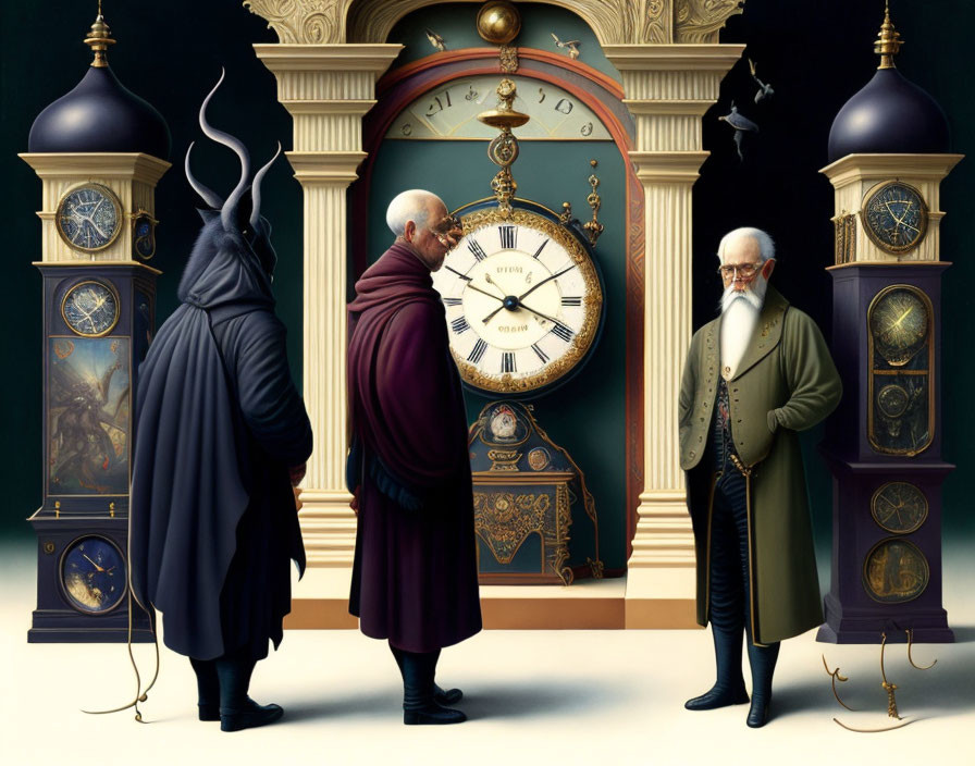 Elderly men in historical attire view antique clocks in dim room