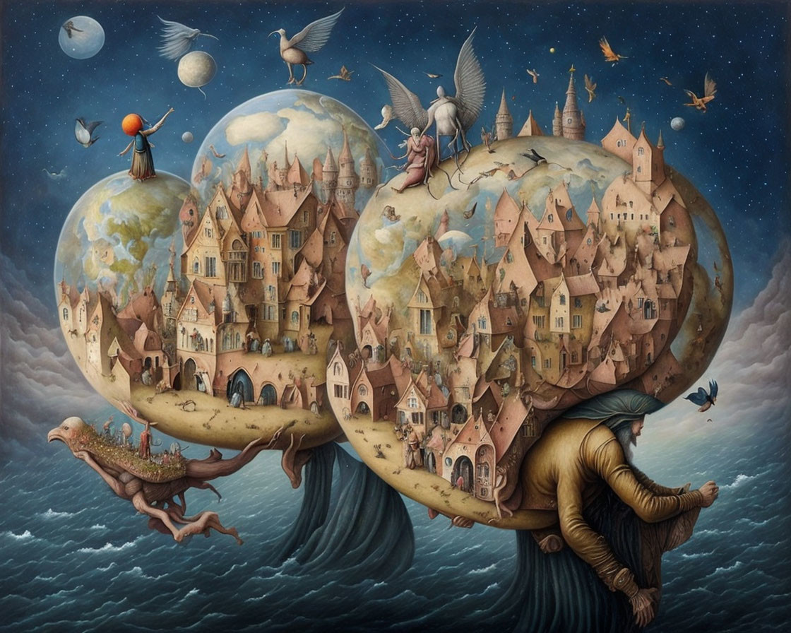 Surreal painting: Cloaked figure with globes, medieval buildings, birds, angel, tort