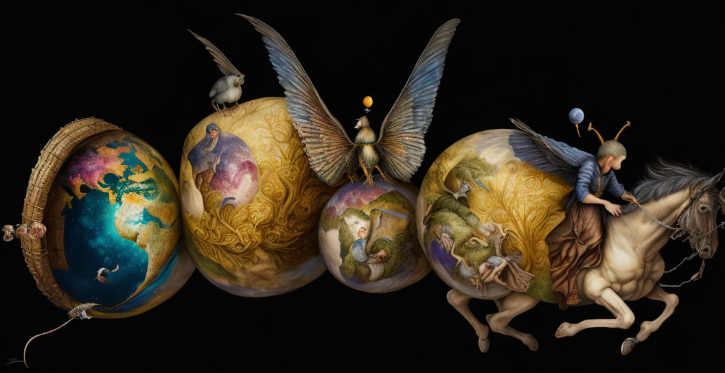 Ornate globes with classical and mythological scenes in surreal artwork