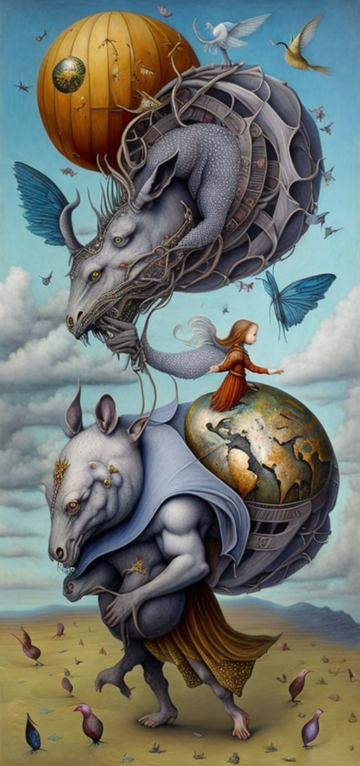 Surreal painting: person on rodent-like creature with globe, dragon, and floating fish.