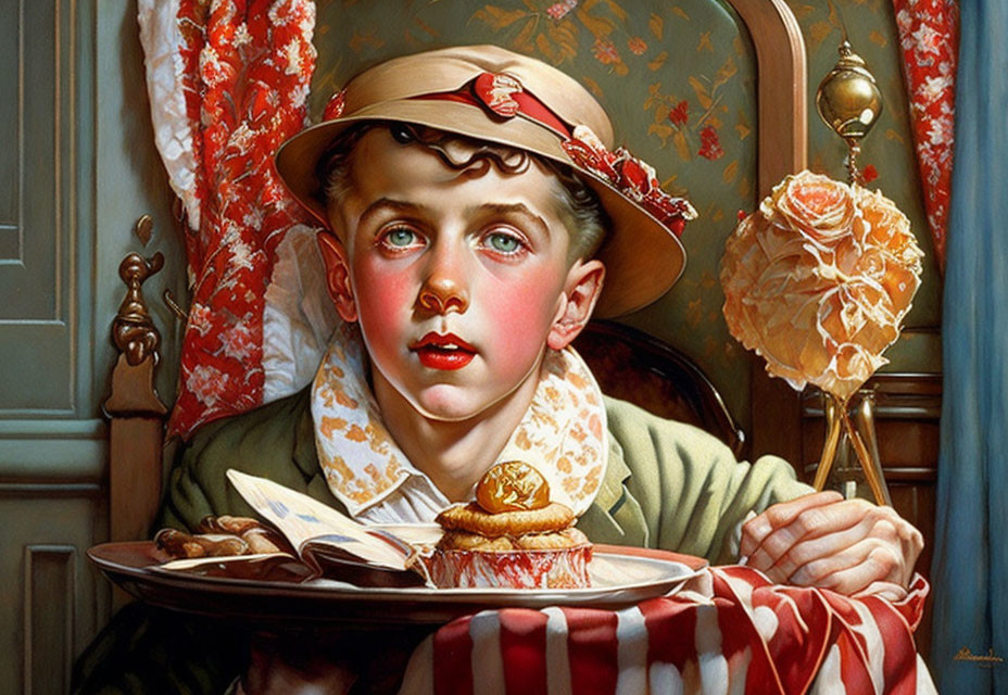 Young boy in straw hat gazes wistfully with pastries on checkered cloth