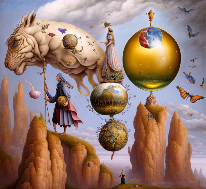 Surreal artwork featuring winged horse, floating orbs, robed figures, butterflies, and rocky