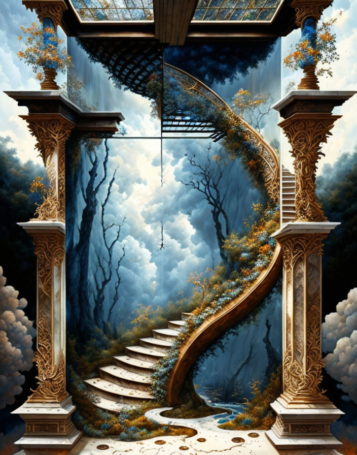 Surreal staircase connecting two worlds with ornate columns and ethereal landscape