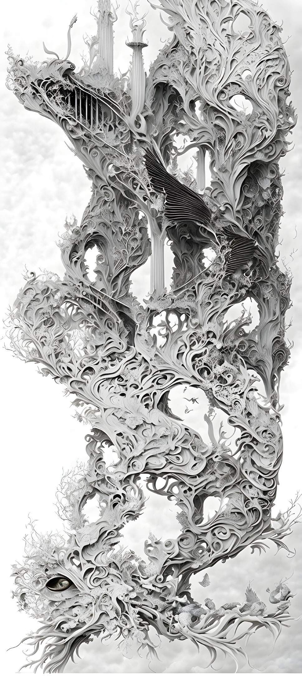 Detailed Black and White Artwork of Ornate Organic and Architectural Shapes