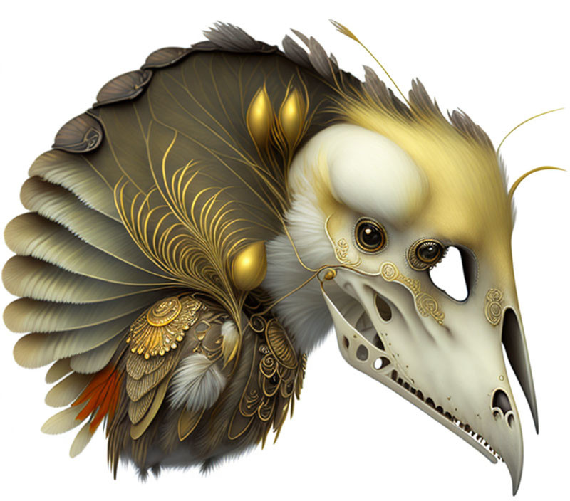 Fantastical steampunk-inspired bird with mechanical and golden details