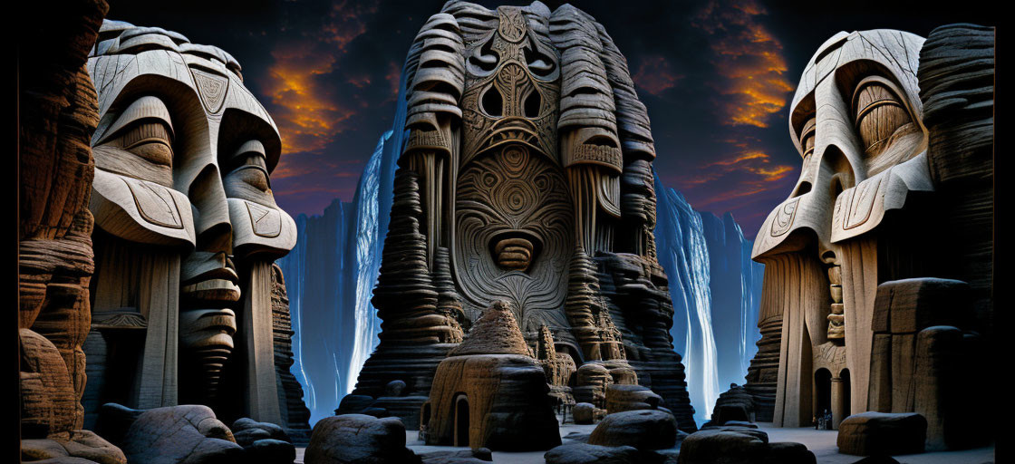 Three massive, intricately carved Tiki-like statues in mystical canyon under orange sky