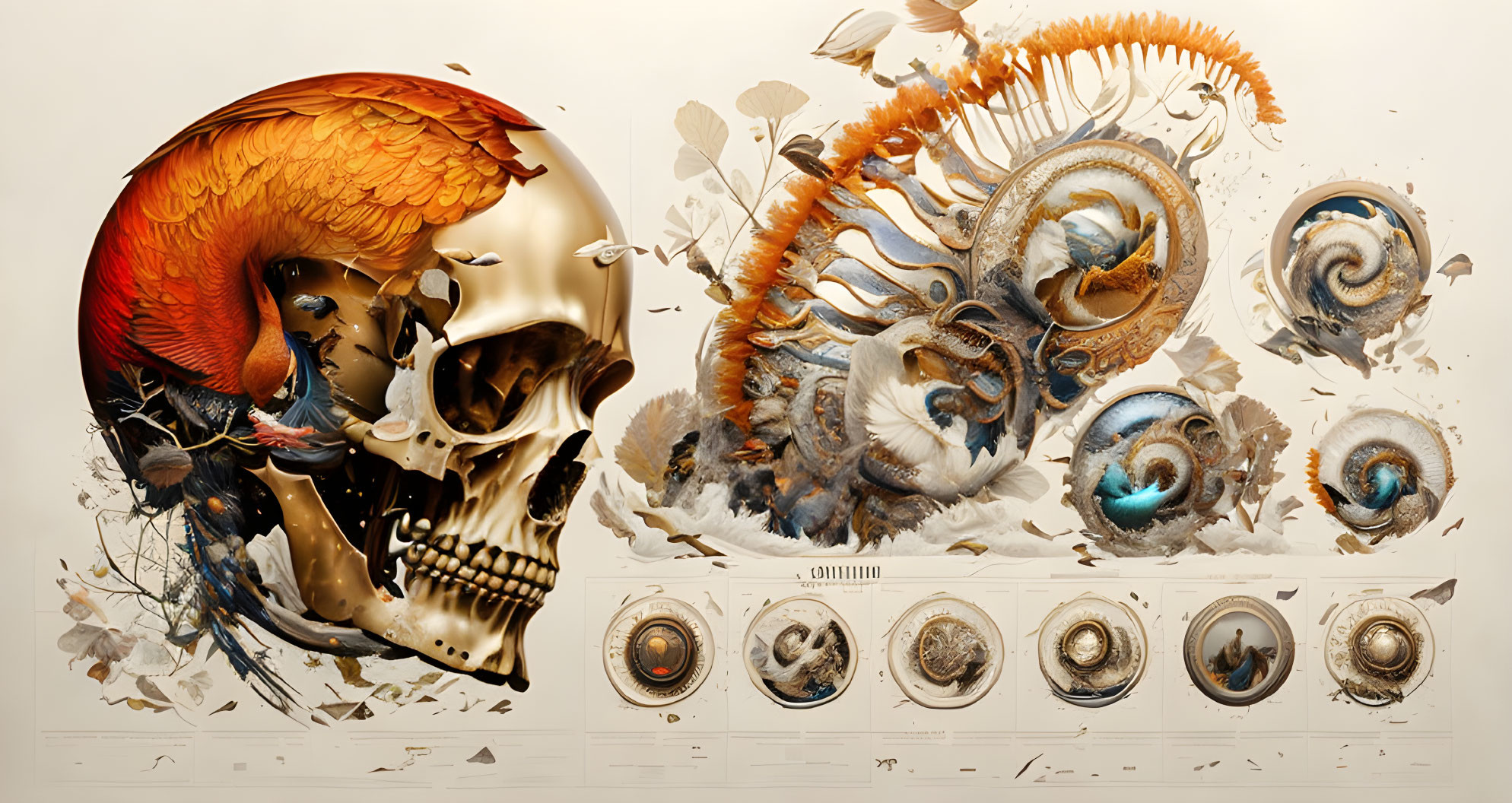 Skull with vibrant wings, paint curls, and floral elements on circular timeline design