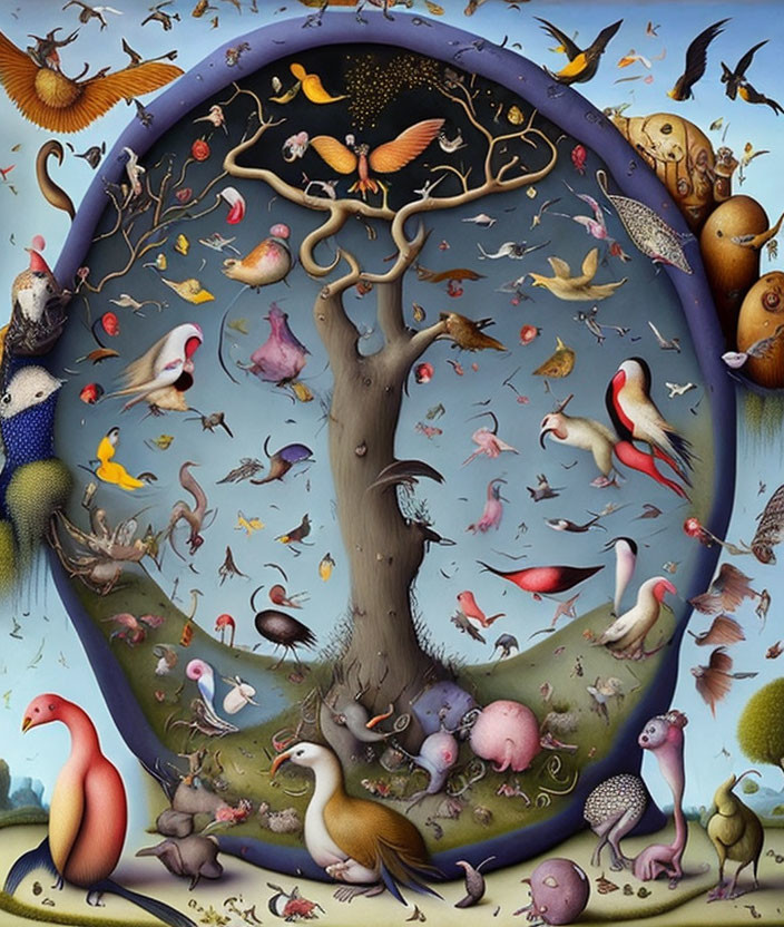 Whimsical painting featuring central tree, fantastical creatures, and surreal elements on blue background in circular