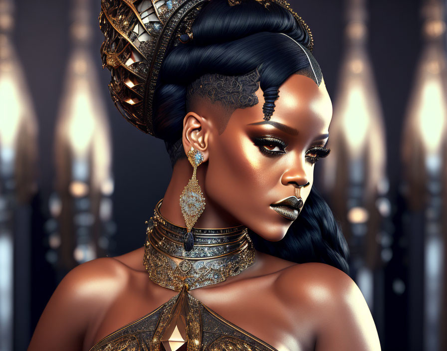 Detailed 3D rendering of an African queen adorned with golden jewelry, headdress, tattoos, and