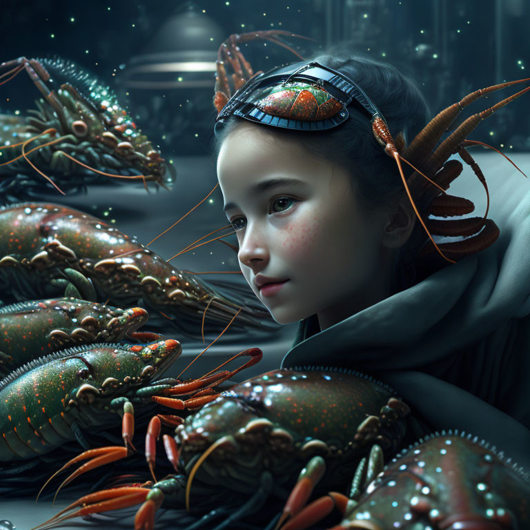 Futuristic girl with headset and realistic lobsters in sci-fi scene