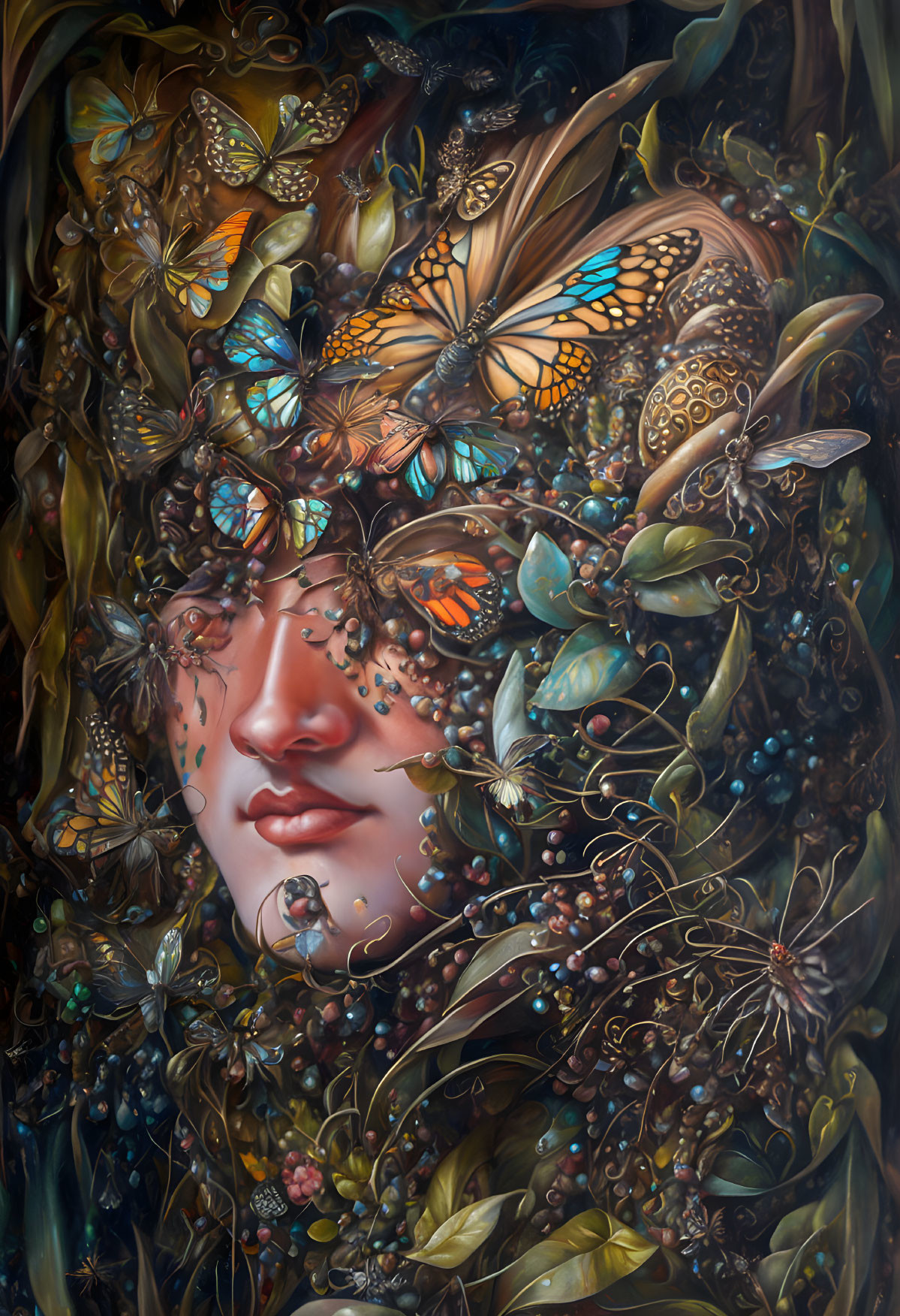 Person's face obscured by butterflies and flowers in surreal portrait