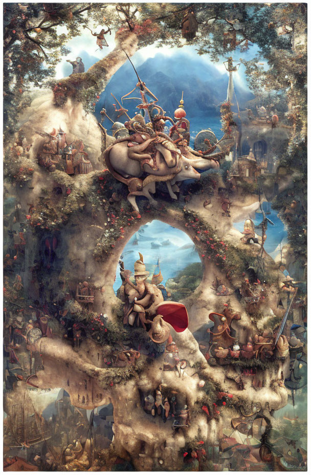 Whimsical tree artwork with fantasy characters and elephant carrying royal figures