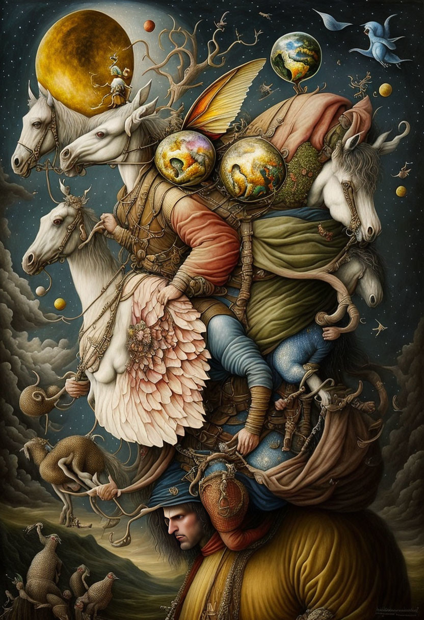 Fantastical artwork: Figure in elaborate clothing with planets, riding white horse in celestial scene with unic