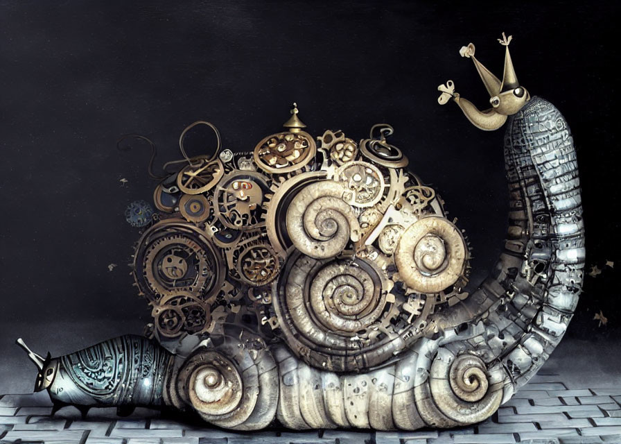 Steampunk-style snail with gear shell on cobblestone surface