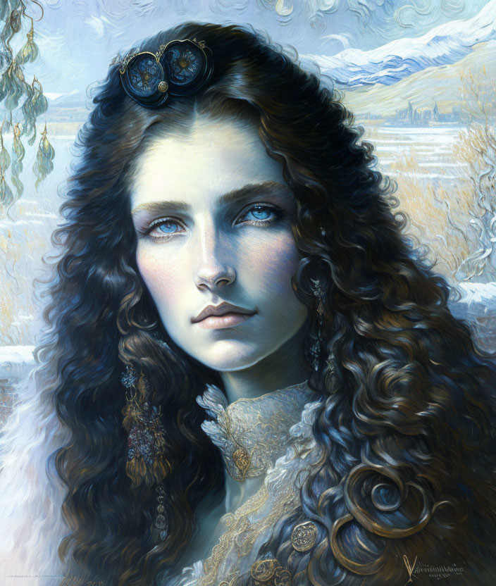 Portrait of Woman with Dark Hair and Steampunk Goggles in Winter Scene