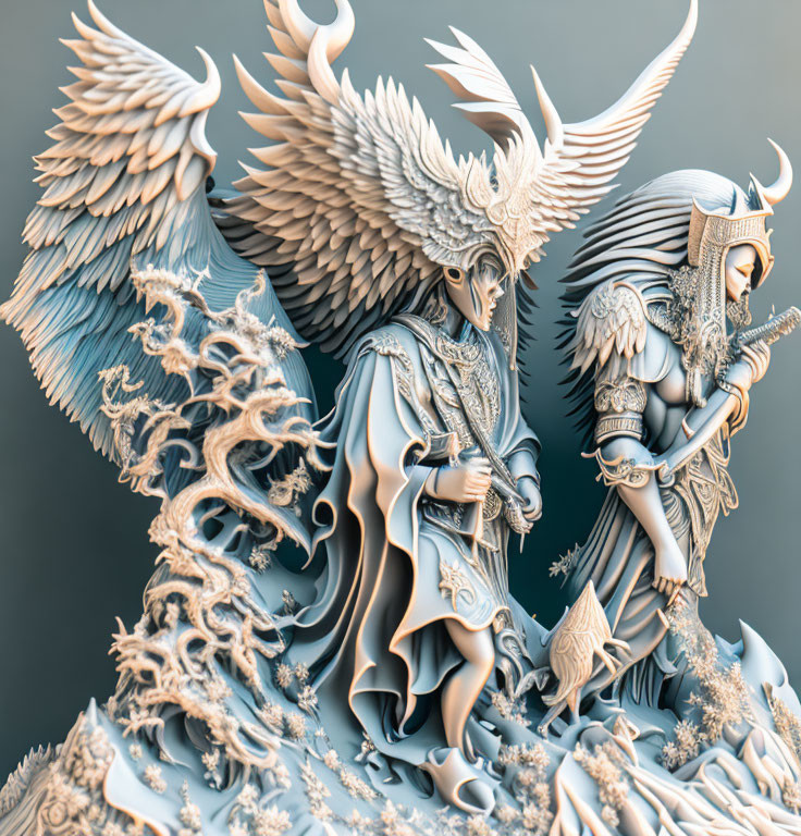 Detailed 3D Sculpture: Mythological Figures with Wings and Armor