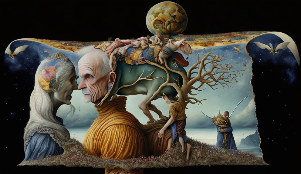 Surreal Painting: Aged profiles, pumpkin figure, nature, people, celestial motifs in dark