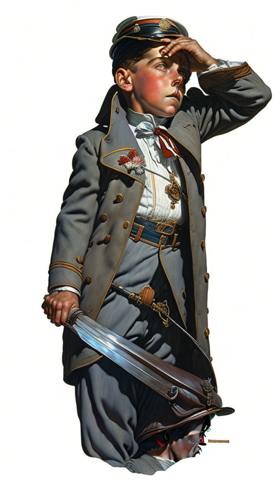 Historical military attire with saber, medals, and uniform on white background