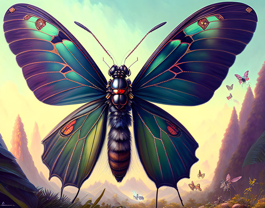 Colorful Oversized Butterfly Artwork in Fantasy Landscape with Mountains