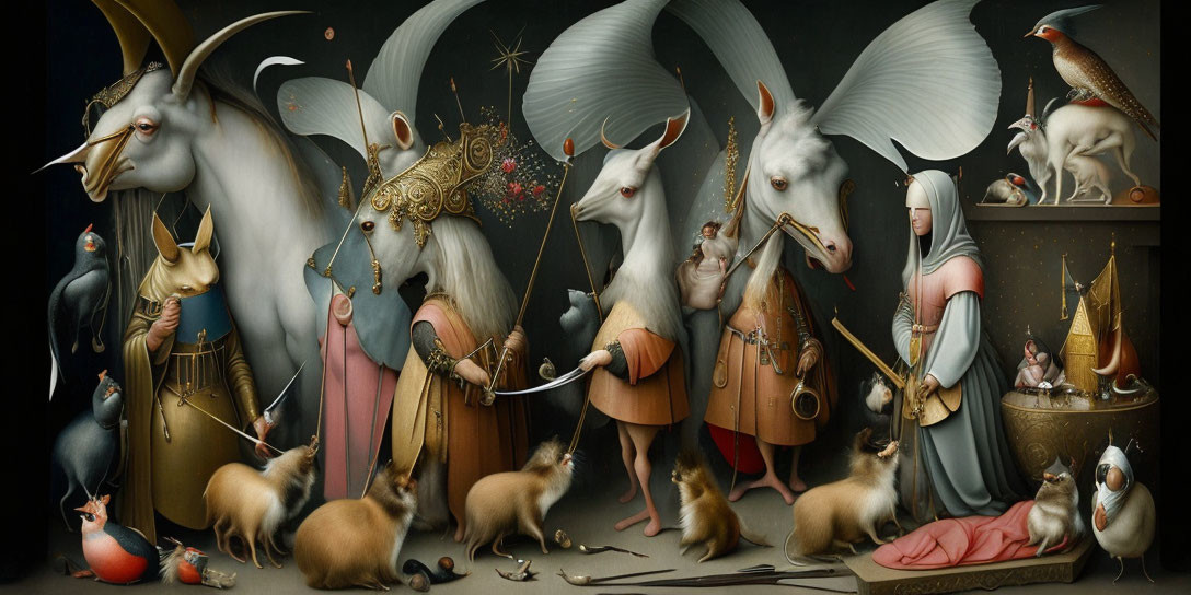 Surreal painting of anthropomorphic goats in ornate attire and medieval activities