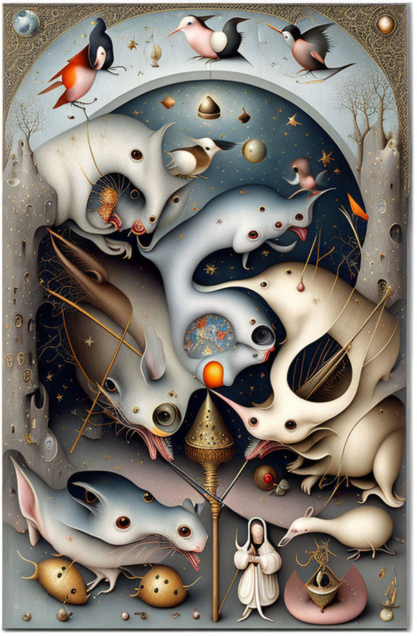 Eclectic surreal artwork: animals, cosmic elements, abstract forms, central figure with staff