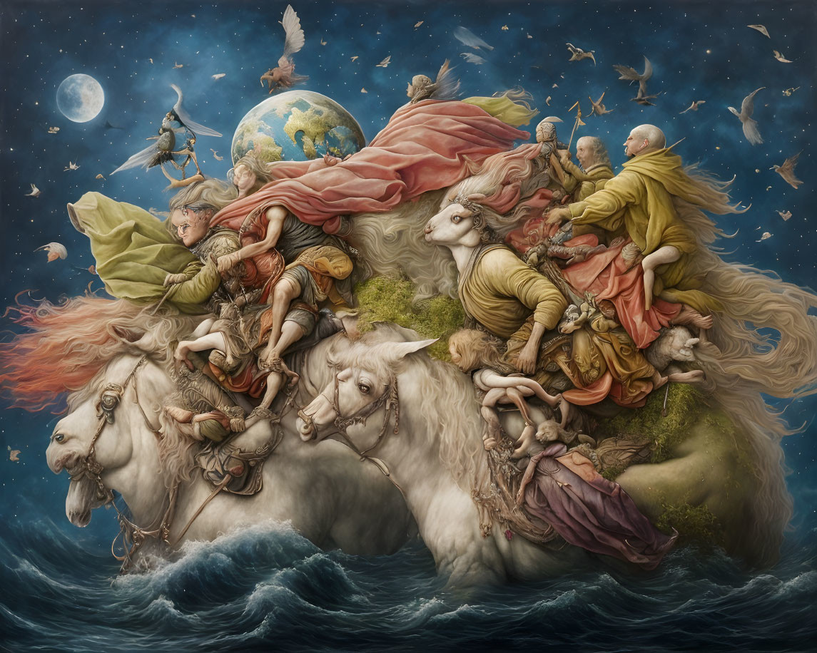 Surreal painting: White horses, robed figures, starry sky