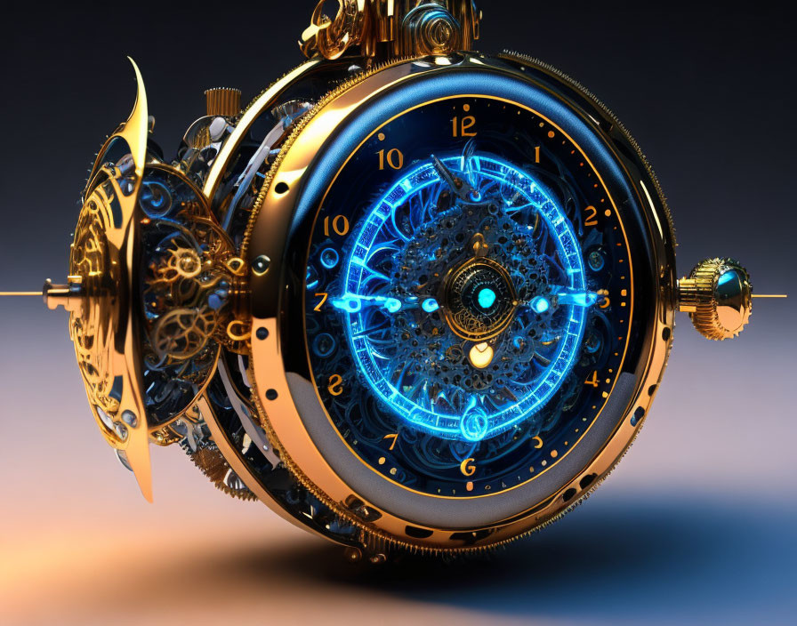 Intricate steampunk-style mechanical clock with golden gears on gradient background