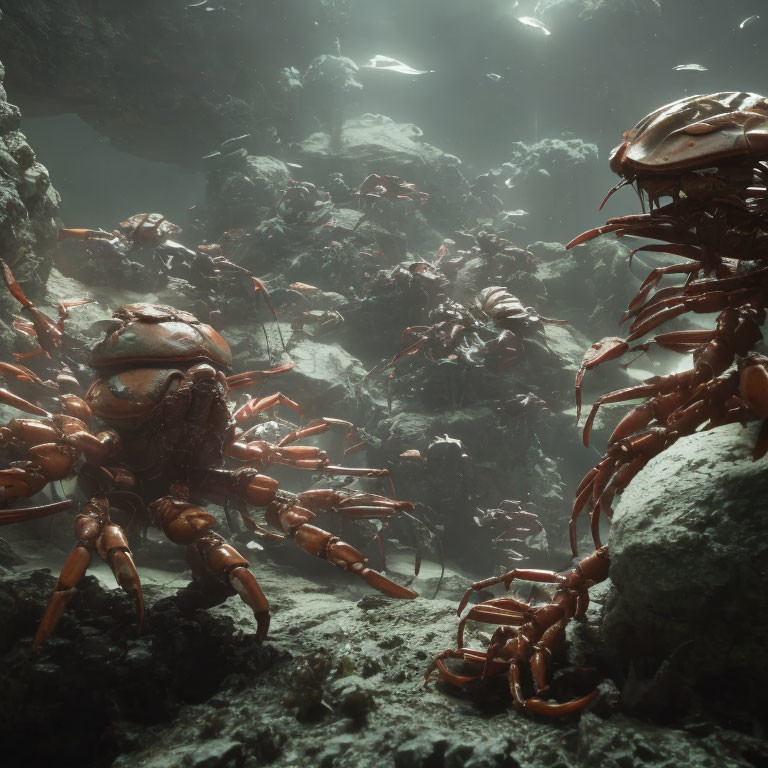 Red crabs with thick legs and pincers on rocky ocean floor illuminated by light