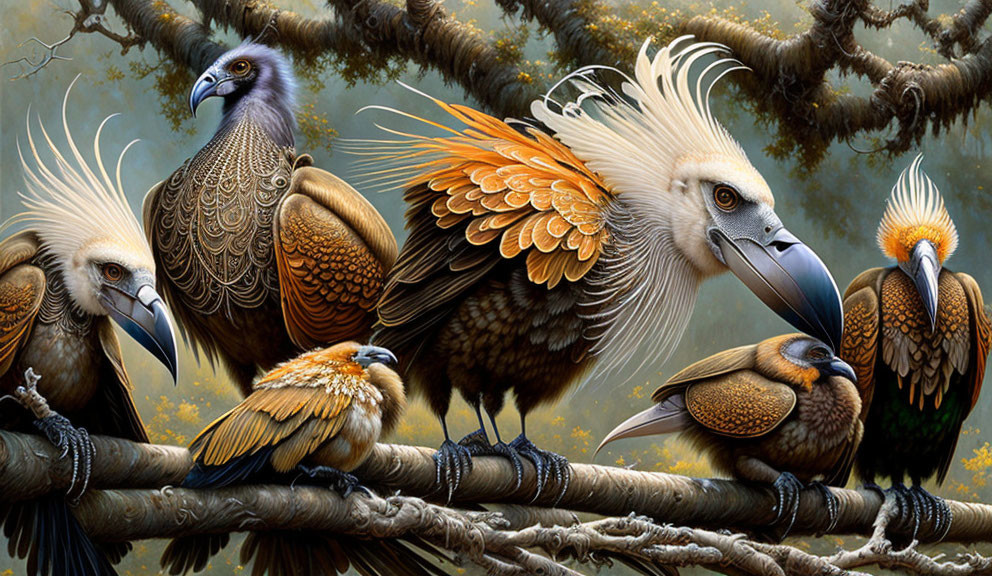 Colorful Fantastical Birds Illustration with Detailed Plumage on Branches