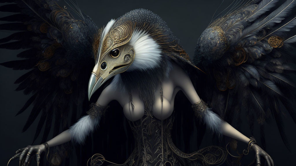 Mythical creature digital art: eagle-headed human with gold and black patterns