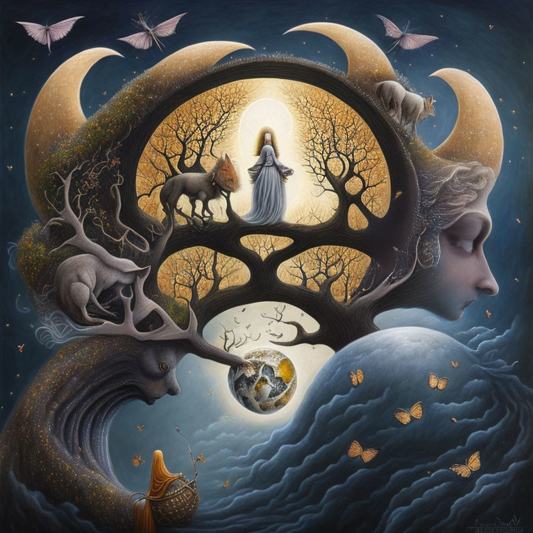 Surreal artwork: Woman's face with nature and animals in hair under moonlit sky