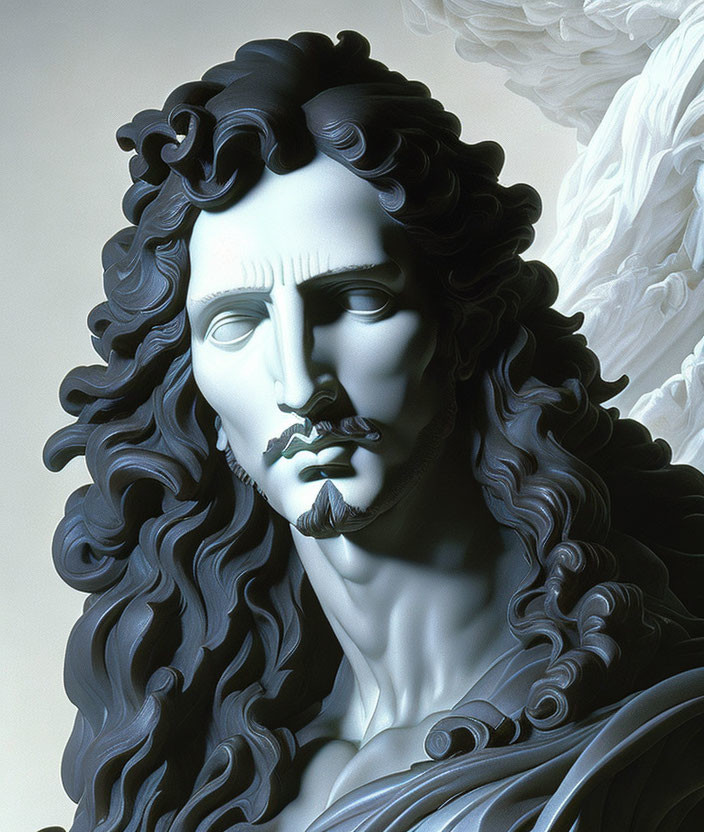 Classical male figure sculpture with flowing hair and serene expression