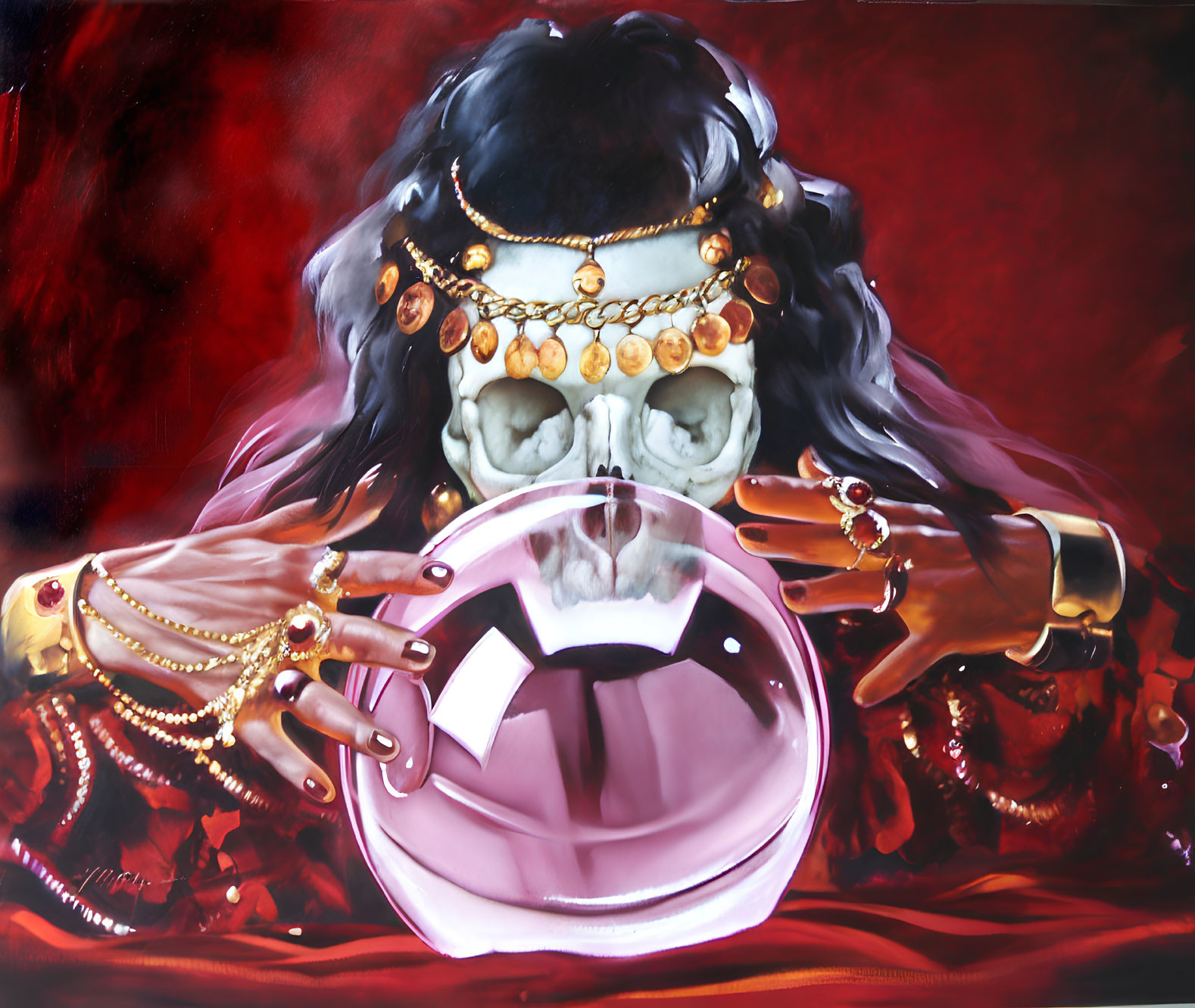 Surreal painting of figure with skull face and golden crown gazes into crystal ball