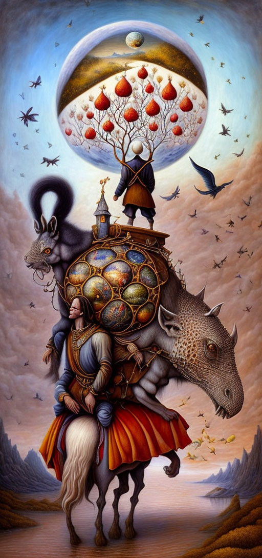 Surreal knight on armored rhinoceros with whimsical creatures under floating island