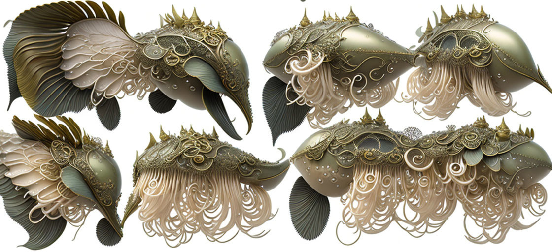 Intricately designed steampunk fish with royal adornments on white background