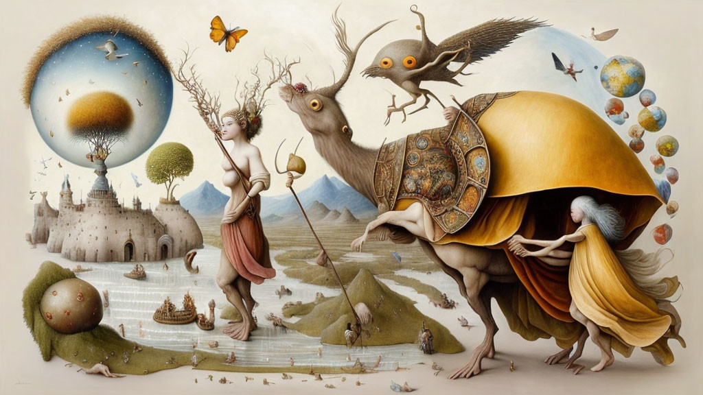 Surreal painting: Woman with tree-branch arms, man with turtle shell, floating islands