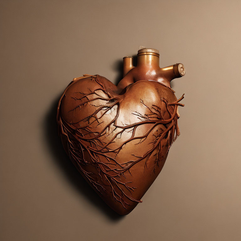 Detailed Hyperrealistic Human Heart Sculpture in Metallic Bronze Texture