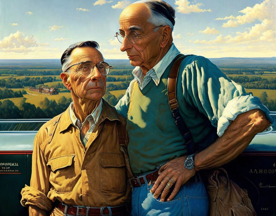 Elderly Men Leaning on Railing in Realistic Painting