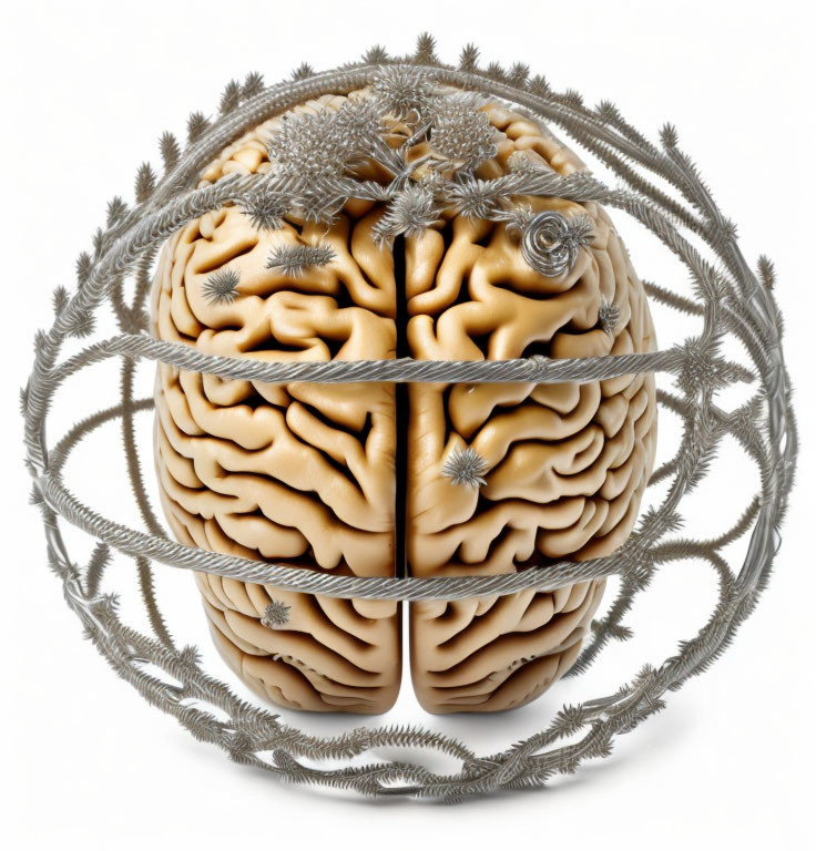 Metallic Floral Branches Cage Human Brain on White Background