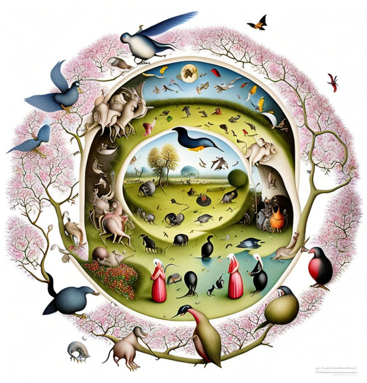 Circular Artwork of Whimsical Ecosystem with Animals, Birds, Trees, and Surreal Elements