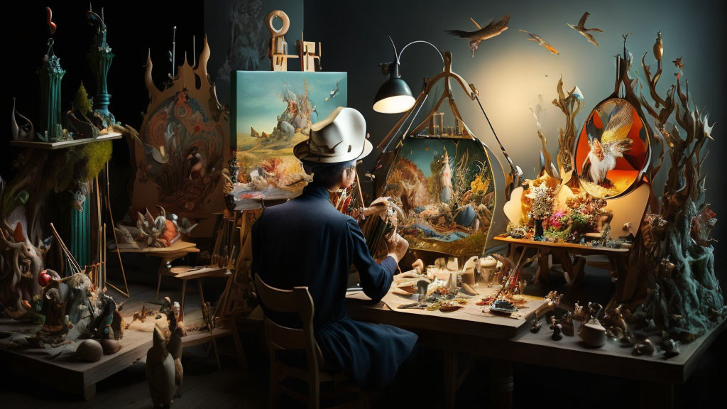 Whimsical workshop with sculptures, vibrant canvases, and nature-inspired art