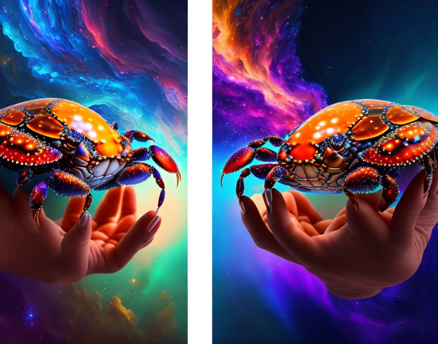 Colorful Crab with Cosmic Pattern in Human Hands Against Space Backdrop