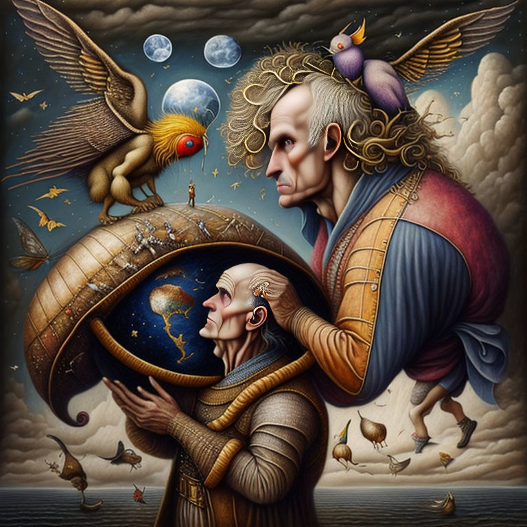 Interconnected elderly figures holding globe in surreal artwork