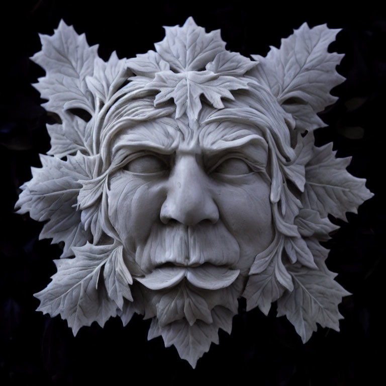 Monochrome sculpture of face with leaves on dark background