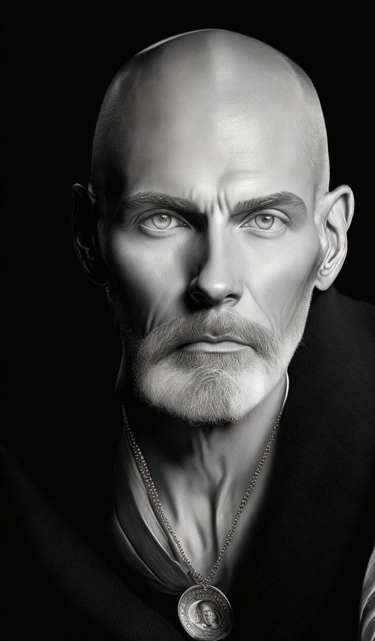 Monochromatic portrait of bald man with stern gaze, mustache, goatee, pendant